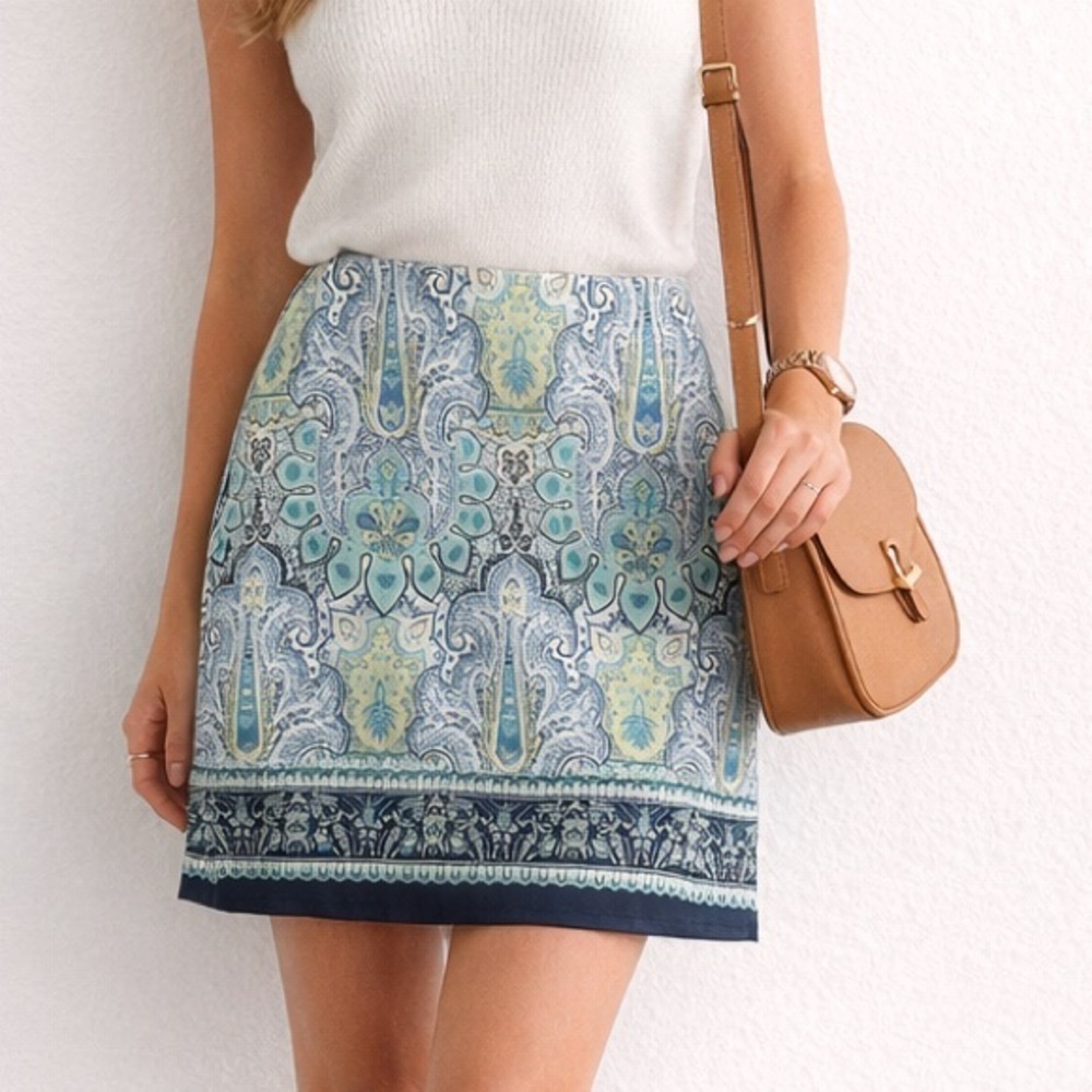 Talbots Petites Paisley Print Preppy A-Line Structured Skirt Blue Green 6P